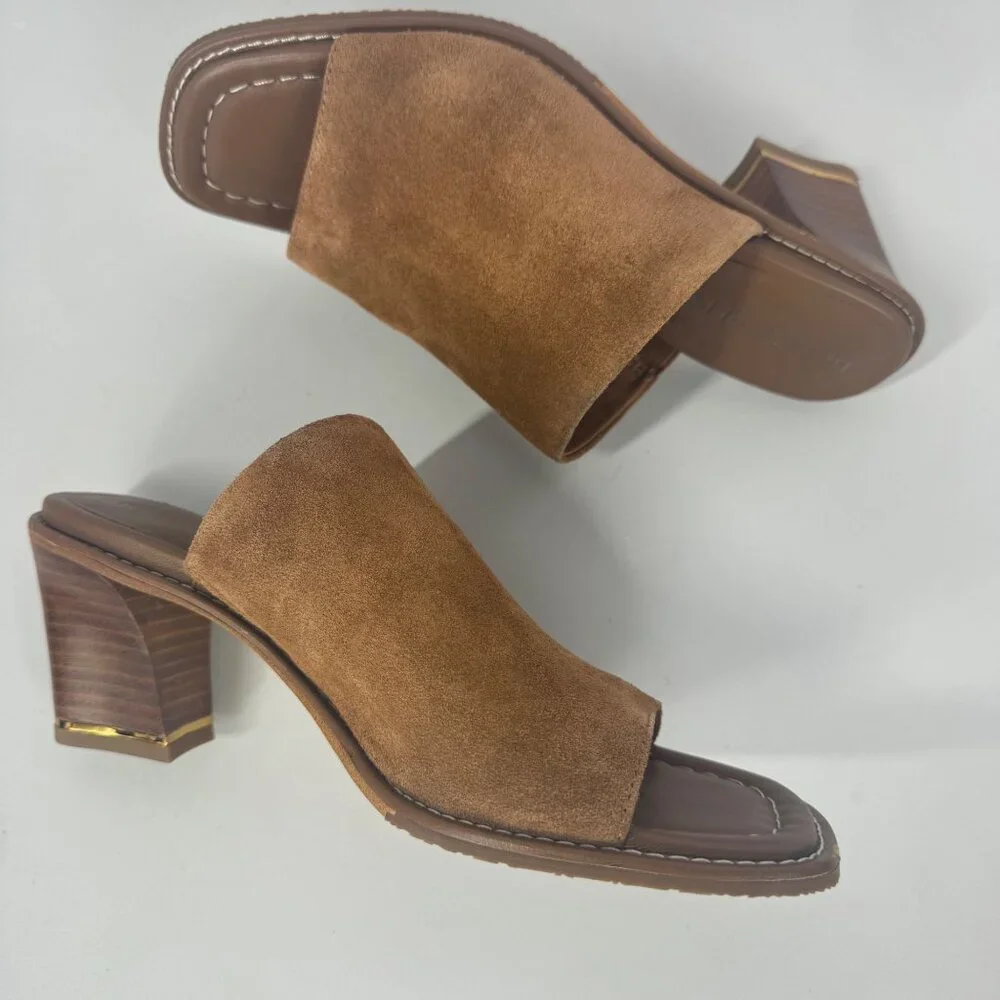Donald Pliner Jaylyn Sandals Tan Open Toe Sz 7.5 Thong Suede Heels Slip On - Picture 8 of 11